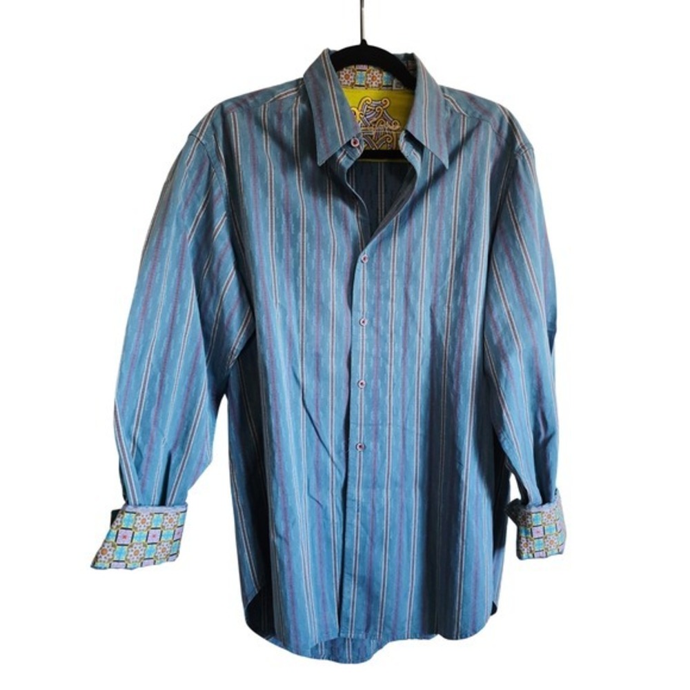 Robert Graham‎ Blue Striped Cotton Silk Button Up Shirt Men's M Made in India - Picture 3 of 14